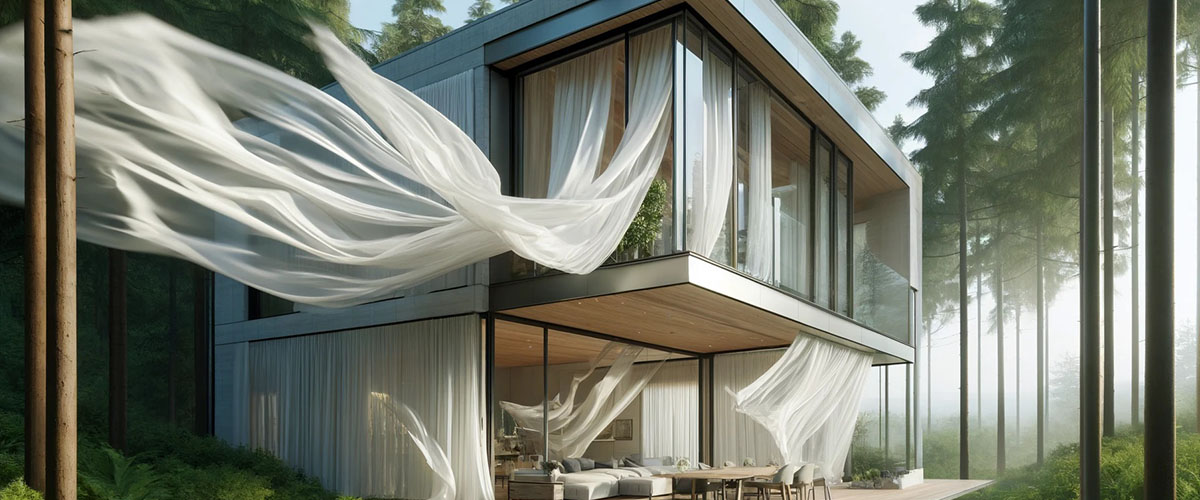 vivienda sostenible en medio de un bosque con una gran cortina volando al viento